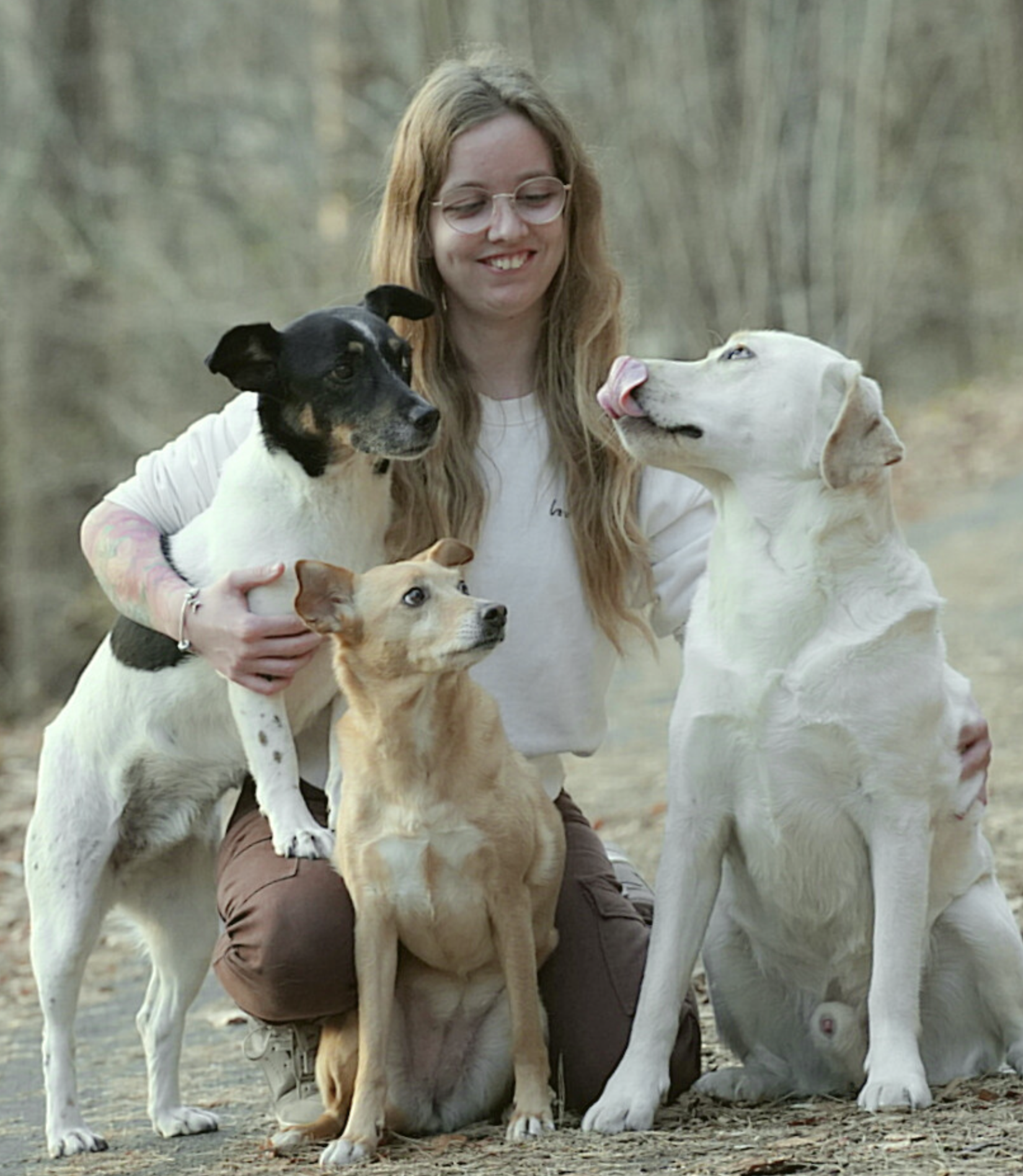 Mehrere Kapitzke, kniend, mit ihren 3 Hunden